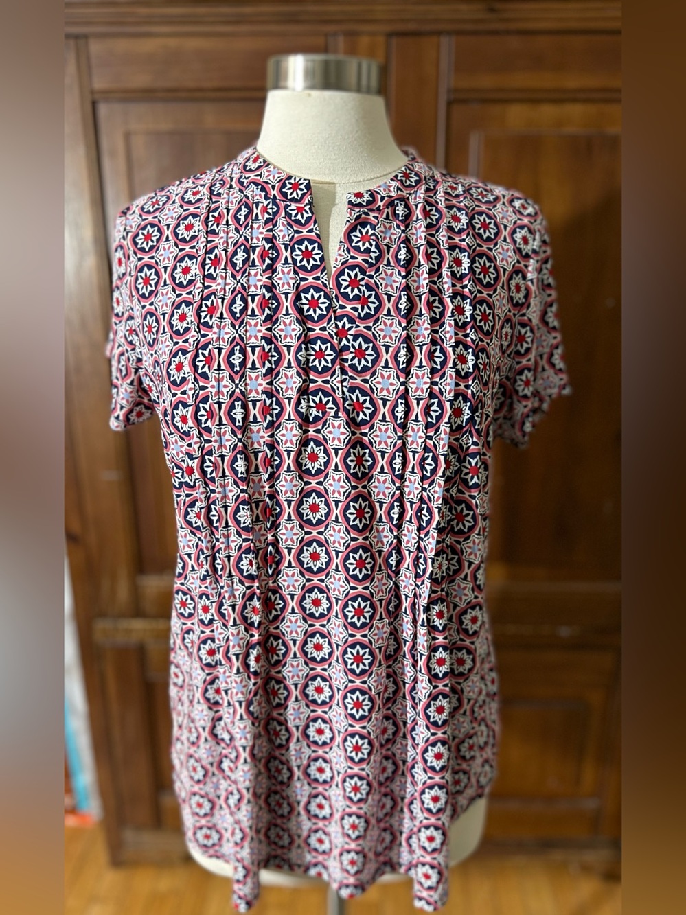 Westport Navy and Pink Geometric Short-Sleeve Blouse